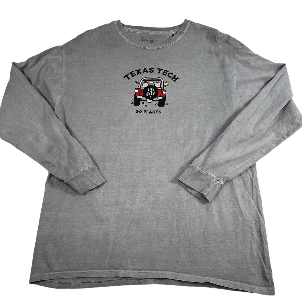 Texas Tech Life Is Good T-shirt Size L Gray Faded Vintage Wash Long Sleeve Tee